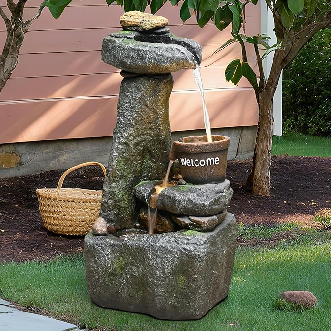 33" Outdoor Garden Water Fountain with Lights 4 Tiers Cascading Large Waterfall Floor Standing Fountain for Patio, Backyard, Deck, Porch and Home Art Decor