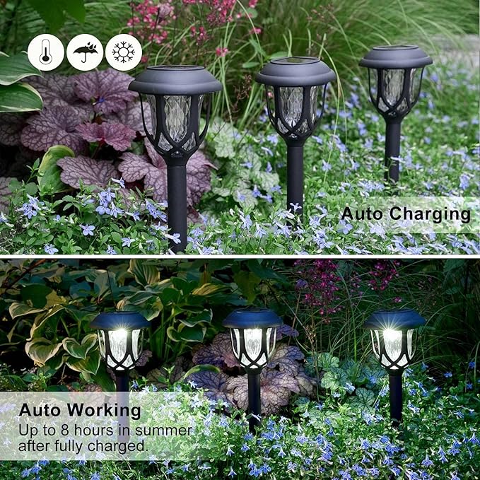10 Pack Solar Lights Outdoor Decorative, Solar Pathway Lights Outdoor, Solar Powered Garden Yard Lights for Walkway Sidewalk Driveway. (Black, Cool White)