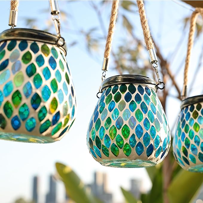 Cooo 2 Pack Mosaic Solar Lantern Outdoor Waterproof IP68 Hanging Projection Light Hidden Lid Pear-Shaped Lantern with Rope Handle Solar Powered Auto On for Patio Garden Fence Table - Azure Lattice