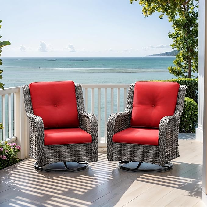 Outdoor Swivel Rocker Patio Chairs Set of 2 - Outdoor Wicker Patio Conversation Sets 2 Pieces with Olefin Fabric Cushions Suitable for Backyard Deck and Porch, Red