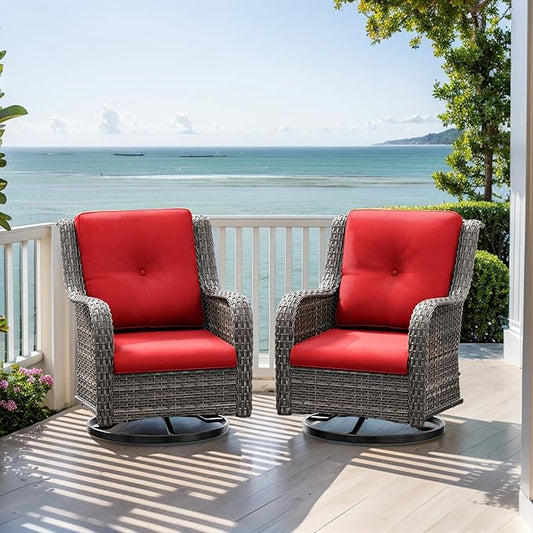 Outdoor Swivel Rocker Patio Chairs Set of 2 - Outdoor Wicker Patio Conversation Sets 2 Pieces with Olefin Fabric Cushions Suitable for Backyard Deck and Porch, Red