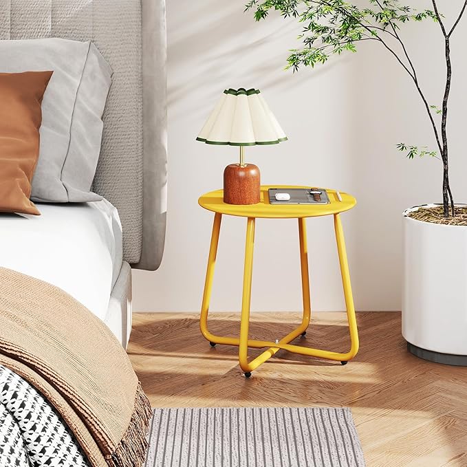 HollyHOME Round Metal Side Table, Rust-Resistant Patio Small Plant Stand, Outdoor 17.32'' Portable End Table for Balconies, Gardens, Living Rooms and Bedrooms, Yellow