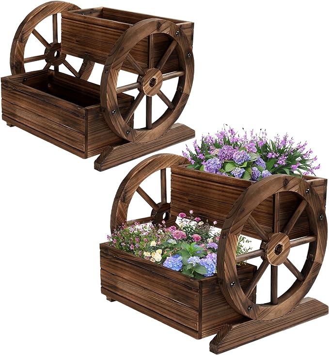 2PCS Wooden Wagon Planter Box, Garden Planter with Wheels,Decorative Flower Planter for Flowers Herbs Vegetables for Indoor & Outdoor Decor,Wooden Flower Cart for Patio Garden Balcony