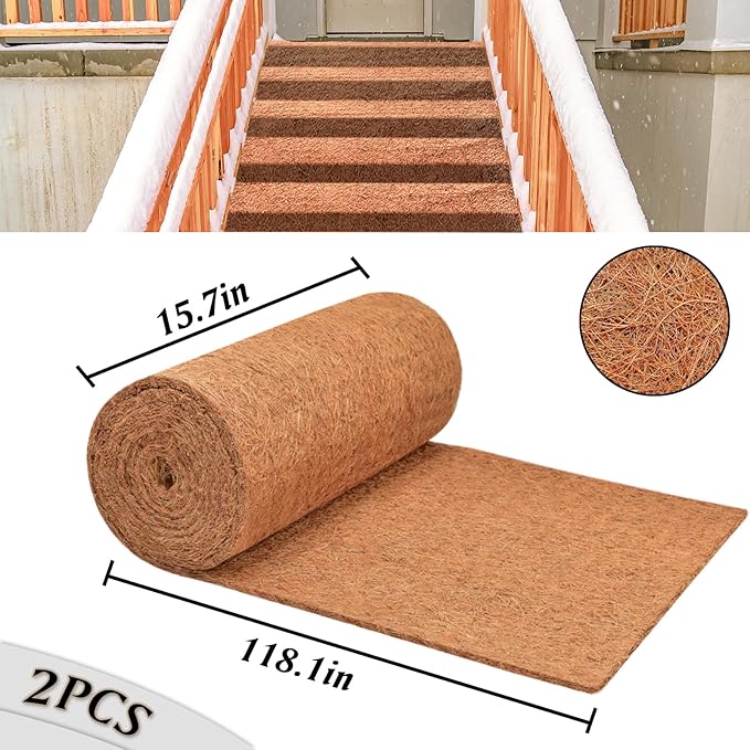 ZeeDix 2 Pack Thickened No Slip Ice and Snow Carpet-16 x 118 inch Natural Coconut Fiber Mat Walking Safety, Winter Coco Liner Roll Outdoor Carpet Runner for Front Door Hallway Stairs Garden