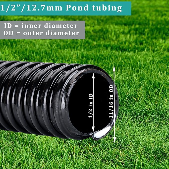 Pond Tubing ID 1/2” × 50ft Black Corrugated Flexible Reinforced Waterfall Pond Tube Sump Pump Hose, Non-toxic & Kinkproof (50 ft, 1/2" ID)
