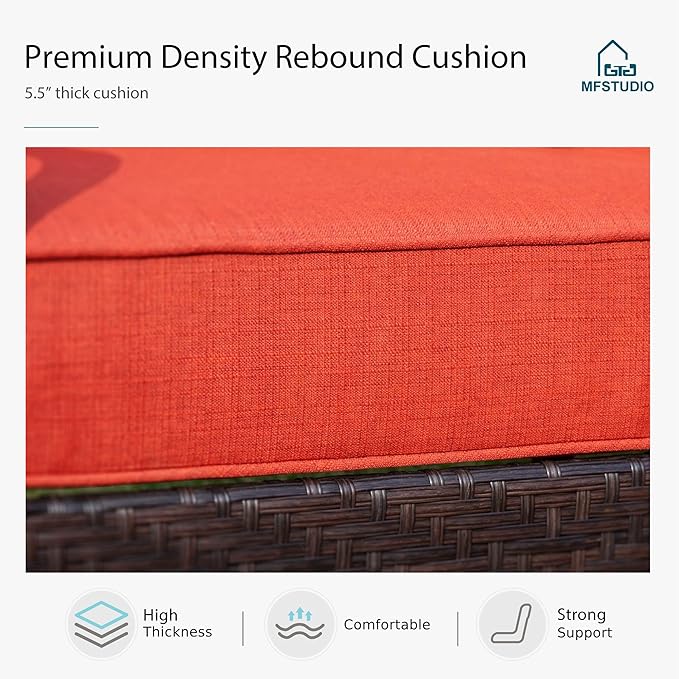 MFSTUDIO 4 Pieces Outdoor Patio Furniture Set, Metal Outdoor Conversation Set, Rattan Wicker Patio Sectional Sofa Set with 2 x Fixed Single Sofa, 3-Seat Sofa, 1 x Coffee Table, Red