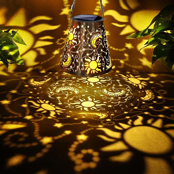 Toodour Solar Lantern Outdoor, Hanging Solar Outdoor Lights Garden Decor, Waterproof Hollow Out Retro Metal Sun & Moon Decorative Lights for Patio, Balcony, Yard, Walkway, Outdoor Decorations