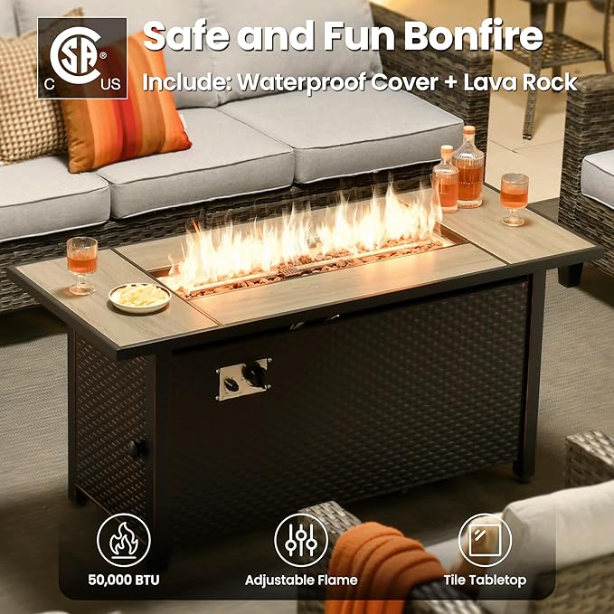 ovios 9 Pieces Patio Furniture Set with 54" Fire Pit Table, Outdoor Sofa Couch with Solar Lights Table Comfy Cushions, Modern Deep Seat Wicker Rattan Conversation Set, Grey