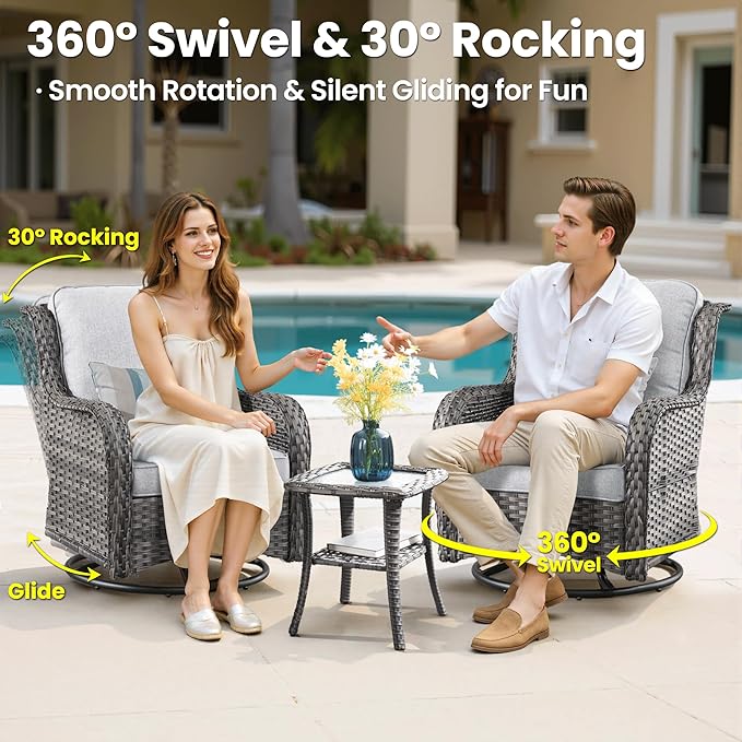 ovios 7 Pieces Patio Furniture Set, Outdoor Wicker Sofa Couch with Swivel Chairs Solar Lights Table, High Back All Weather Modern Conversation Sets, Grey Rattan, Grey