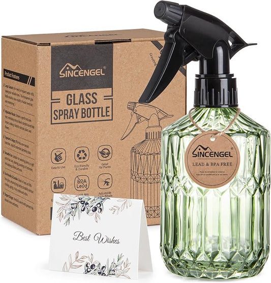 Glass Plant Mister Bottle - 13.5 oz Refillable Leak Proof Water Spray Bottle for Indoor Plants, Spring Gardening,Cleaning, Hair, Pets Care with Adjustable Mist Nozzle (Green)
