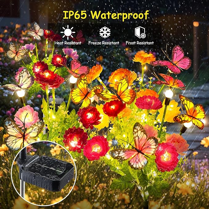 Solar Garden Lights, 3 Pack Swaying Solar Lights with 9 Butterflies & 21 Blooming Flowers, Solar Flowers Lights Outdoor Waterproof, Auto On/Off Solar Outdoor Lights for Yard Patio, Gift