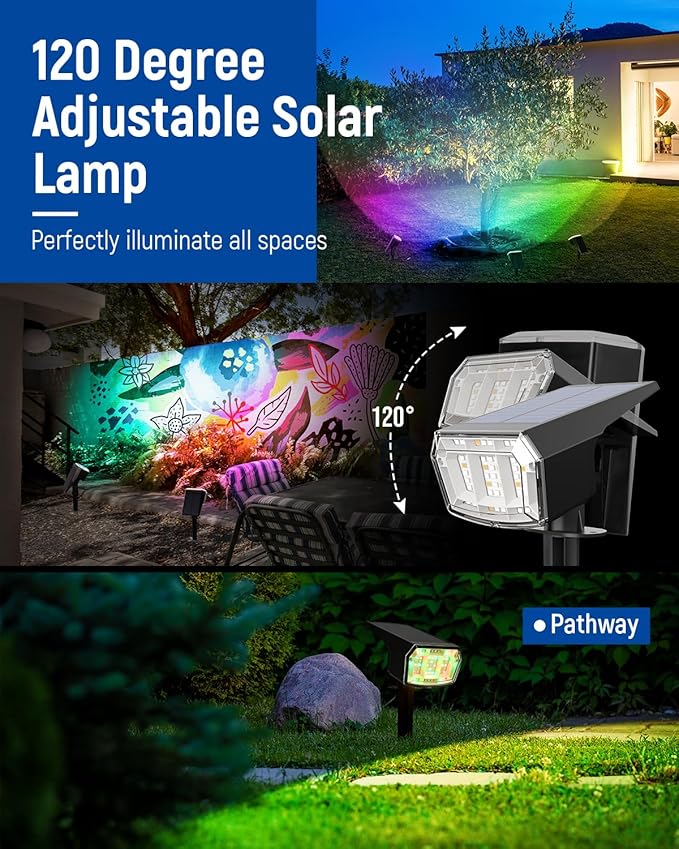 Solar Spot Lights Outdoor, 9 Lighting Modes RGB, Solar Lights Outdoor Waterproof IP65, 63 LED Landscape Spotlights for Holiday Decorations