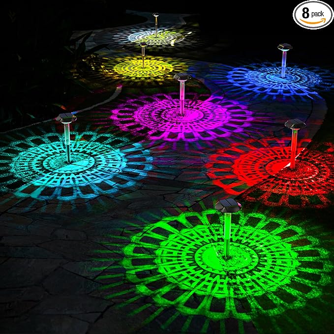 Solar Pathway Lights Outdoor 8 Pack, [6 Light Modes Cool White/Warm/ 3 Fixed Color/RGB Changing] LED Solar Lights Outdoor Waterproof IP65, Solar Garden Lights for Walkway Yard Backyard Lawn Landscape