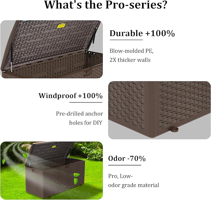 110 Pro Gallon Resin Deck Box, Waterproof Outdoor Storage Bin for Patio, Poolside, and Garden, Lockable & UV-Resistant, Ideal for Small Spaces, Coffee