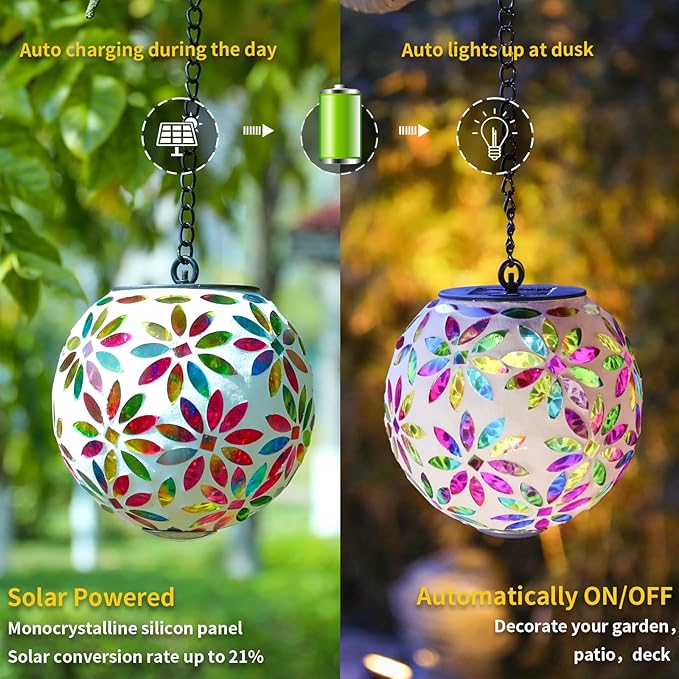 VCUTEKA Hanging Solar Lanterns Mosaic Solar Lights with Hook Up, Outdoor Garden Lights Decor for Yard Tree Fence Patio, Multicolor