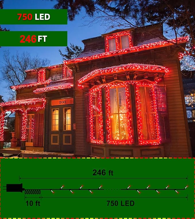 750 LED 246FT Christmas Lights Outdoor, Super Long Waterproof Christmas String Lights with 8 Modes, Christmas Tree Lights with Timer Memory for Fence Garden Xmas Wedding Party Decor Red