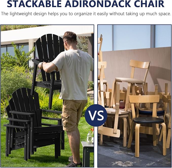 Stackable Adirondack Chair, HDPE Outdoor Patio Chair - Durable and Space Saving, Suitable for Porches, Lawns or Garden, Black