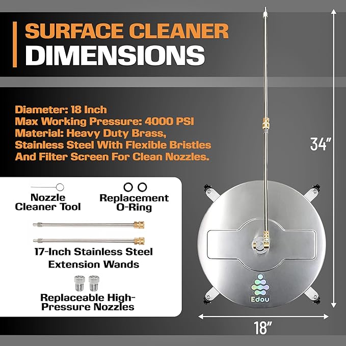 EDOU 18 inch Pressure Washer Surface Cleaner - Stainless Steel Power Washer Attachment - 4,000 PSI Max - Concrete Cleaner with Dual Nozzles and Extension Wands - Silver