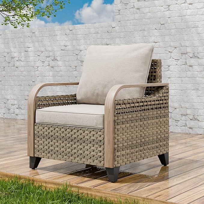 EAGLE PEAK Modern Wicker Outdoor Chair, Patio Chair Curved Armrest, Rattan Patio Furniture for Yard Deck Porch Garden, 1 Chair, Brown/Gray