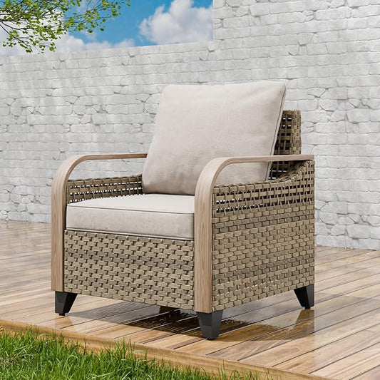 EAGLE PEAK Modern Wicker Outdoor Chair, Patio Chair Curved Armrest, Rattan Patio Furniture for Yard Deck Porch Garden, 1 Chair, Brown/Gray