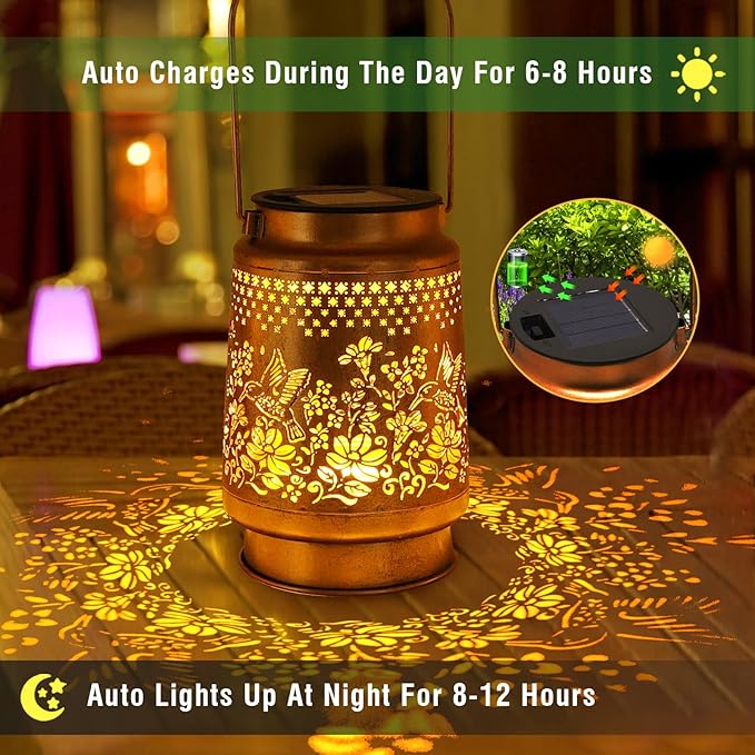 Solar Lanterns Outdoor Hummingbird Garden Decor, Birthday Gifts for Women Mom Grandma Metal Hanging Lantern Lights Waterproof Solar Lights with Shepherd Hook LED Decoration for Garden Yard Patio Lawn