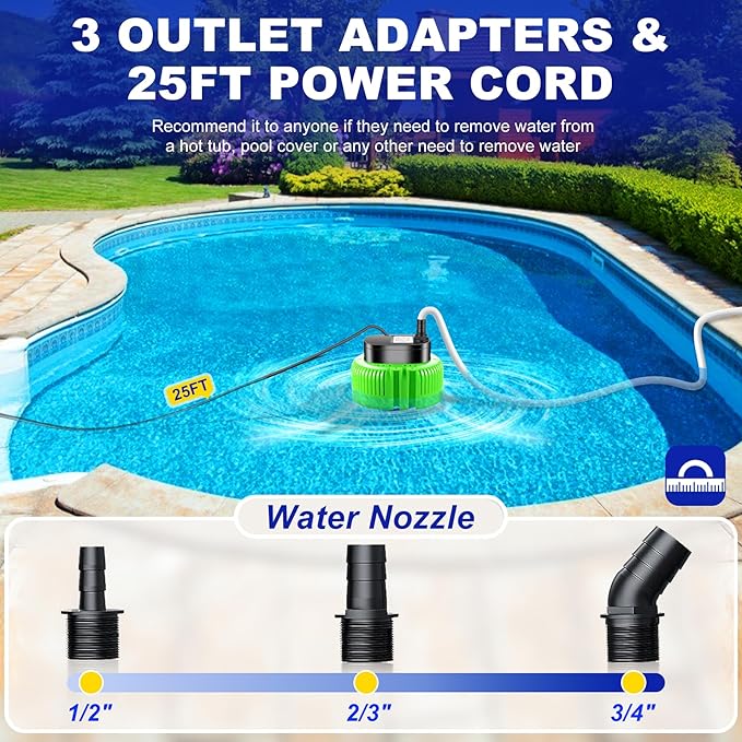 Pool Cover Pump above Ground-Submersible Sump Pump Swimming Water Removal Pumps, Sump Pump for Pool Draining with 16ft Drainage Hose & 25 ft Extra Long Power Cord,850 GPH,3 Adapters-Green