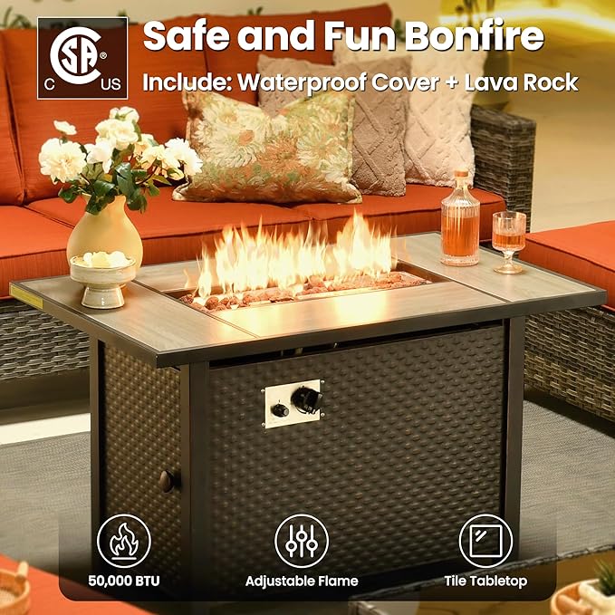 ovios 7 Pieces Patio Furniture Set with 42" Fire Pit Table, Outdoor Sofa Couch with Solar Lights Table Comfy Cushions, Modern Deep Seat Wicker Rattan Conversation Set, Orange Red