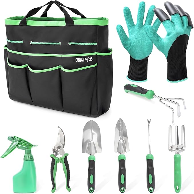 Garden Tool Set with Bag and Gloves, Heavy Duty Stainless Steel Gardening Tool Set, Ideal Gardening for Women and Men, Set of 9