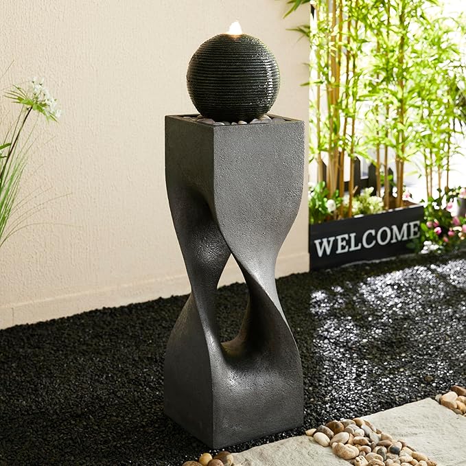 Glitzhome Modern Geometric Outdoor Water Fountain with LED Light, Oversized Pedestal Water Fountains with Submersible Pump, Sphere Floor Standing Fountain with Pebbles for Garden Patio Decor, 40.5”H