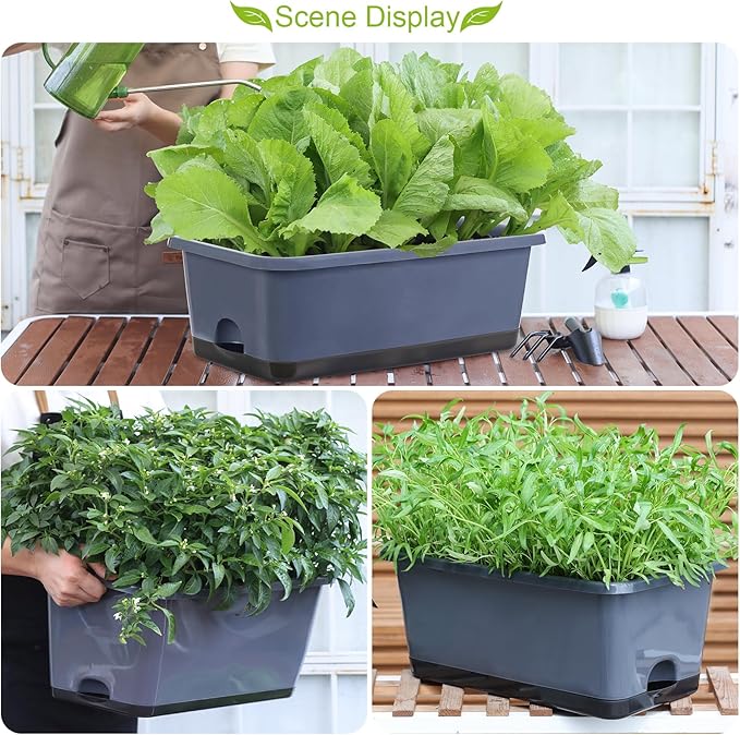 Window Box Planter 8 Pcs, 17 Inches Rectangle Flower Pots with Drainage Holes and Trays, Vegetable Planters for Windowsill Patio Garden Balcony Home Porch Yard Indoor Outdoor (Grey)