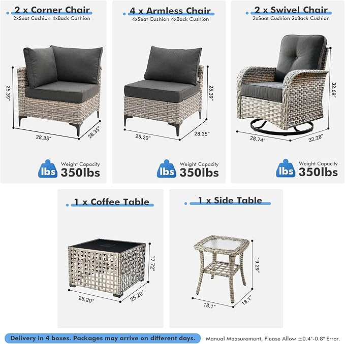 Outdoor Sectional Patio Furniture Set with Swivel Rocking Chairs,10 Pieces Wicker Conversation Sets L Shaped Couch Out Door Sofa Set Outside Furniture for Garden Deck Yard Porch,Black,