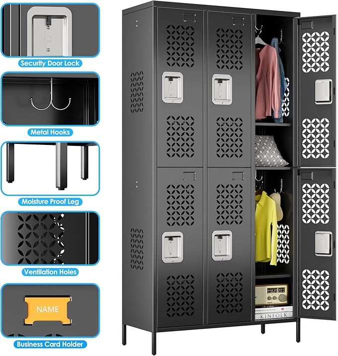 METAN Upgrade Metal Locker for School Office Gym Bedroom,6 Doors Steel Storage Locker Cabinet for Employees,Industrial Storage Locker with 1 Shelves,Assembly Required,Black