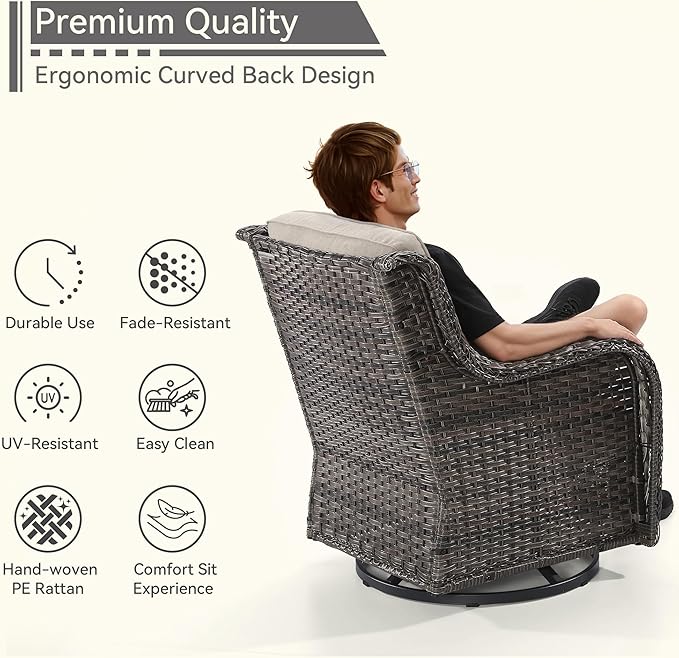 Outdoor Swivel Rocker Patio Chair - Outdoor Wicker Patio Glider Chair with Olefin Fabric Cushions Suitable for Backyard Deck and Porch, Beige