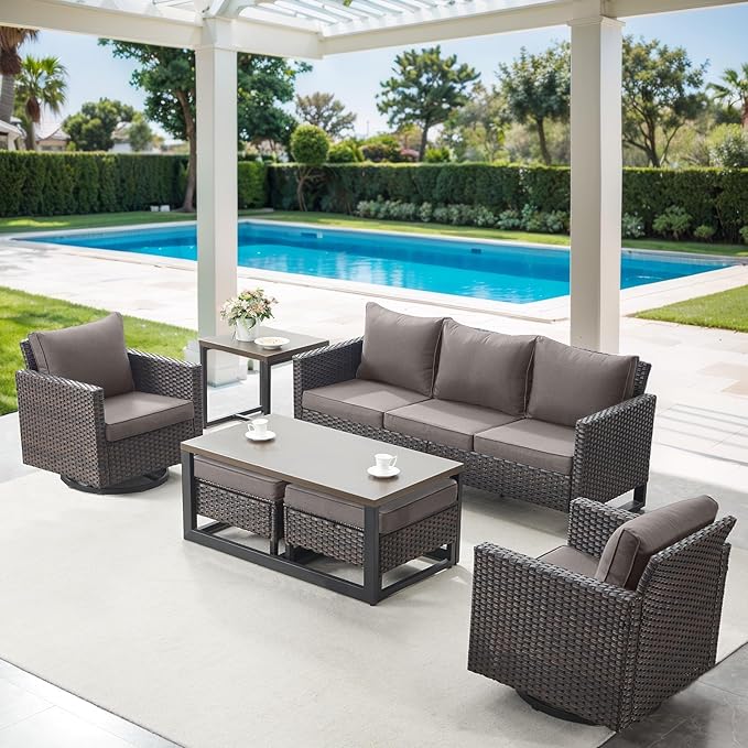 7 Piece Wicker Patio Furniture Set - Outdoor Swivel Rocker Chairs Set with Coffee Table, Side Table, 3 Seat Sofa & Ottomans, Small Patio Conversation Sets for Balcony Deck - Brown/Grey