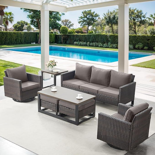 7 Piece Wicker Patio Furniture Set - Outdoor Swivel Rocker Chairs Set with Coffee Table, Side Table, 3 Seat Sofa & Ottomans, Small Patio Conversation Sets for Balcony Deck - Brown/Grey