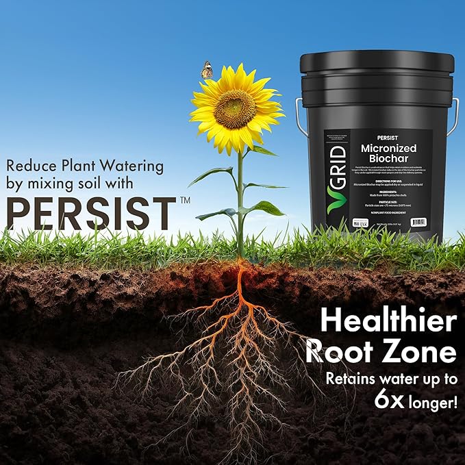 Persist Micronized Biochar Soil Amendment for Plants, for Use with Sprayers and Drip Line Systems, Improves Plant Soil, 100% Natural Active Carbon and Garden Plant Fertilizer (5 Gal)