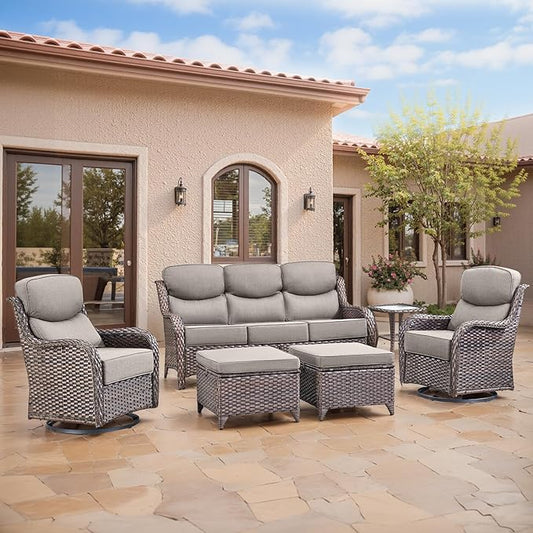 Swivel Patio Chairs sofa Set of 6 - 6" Thick Cushion - Wicker Outdoor Swivel Rocker Patio Chair ,Sofa/Glass coffee table, High Back Comfortable Outdoor Glider Chairs - Brown Wicker Grey Cushions