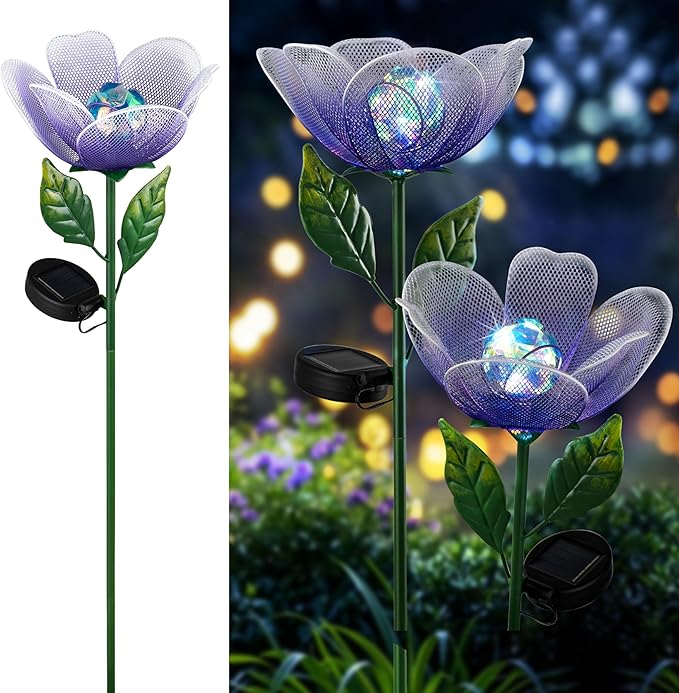 Solar Lights Outdoor Garden, 2 Pack Solar Powered Metal Flowers LED Breathing Light Waterproof,Solar Flowers for Outside Patio Lamp,Garden Gifts for Women,Landscape Lighting,Yard Pathway Decor