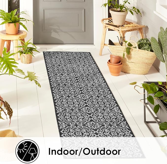 Nicole Miller New York Patio Country Julia Transitional Geometric Indoor/Outdoor Runner Area Rug, Black/Grey, 1'9"x7'2"