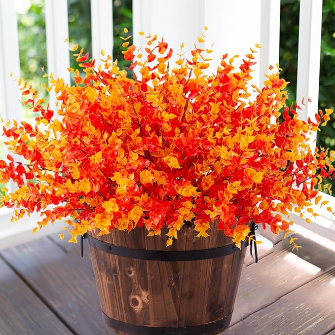 Artificial Fall Flowers Faux Mums for Outdoor Indoor Garden Home Decoration, Faux Flower Daisy with Eucalyptus Leaves Fake Plants Greenery Boxwood Porch Patio, 12 Bundles (Orange Eucalyptus)