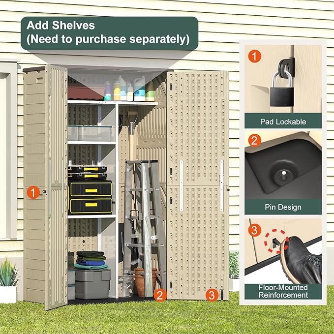 60 Cu.Ft Vertical Outdoor Storage Shed, All-Weather Resin Storage Cabinet Waterproof with Lockable Floor, Tall Backyard Shed for Patio Furniture, Garage, Garden, Pool Accessories, Porch (Khaki)