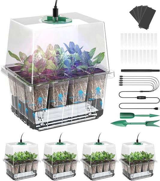 Seed Starter Tray, 60-Cells Seedling Starter Trays with Grow Light, Self-Watering Seed Germination Kit for Indoor Gardening Seed Starting (5 Pack, Clear Base)