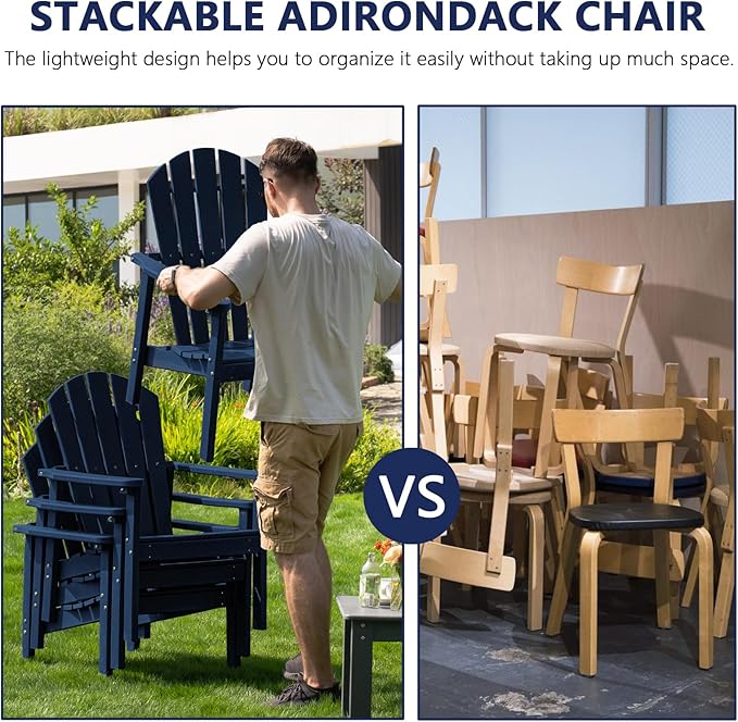 Stackable Adirondack Chair Set of 2, HDPE Outdoor Patio Chair - Durable and Space Saving, Suitable for Porches, Lawns or Garden, Navy