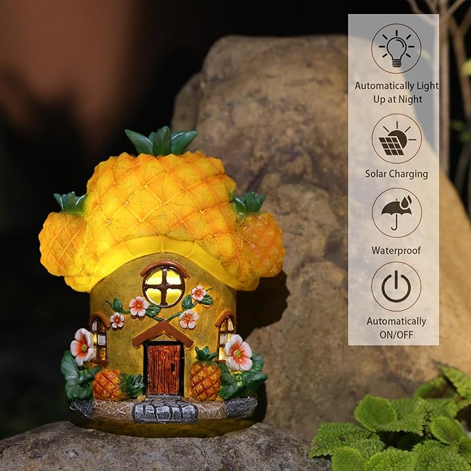 Solar Fairy Garden Houses - Fairy Garden Accessories Pineapple Houses for Outside Porch Backyard Yard Lawn Flower Bed Decor