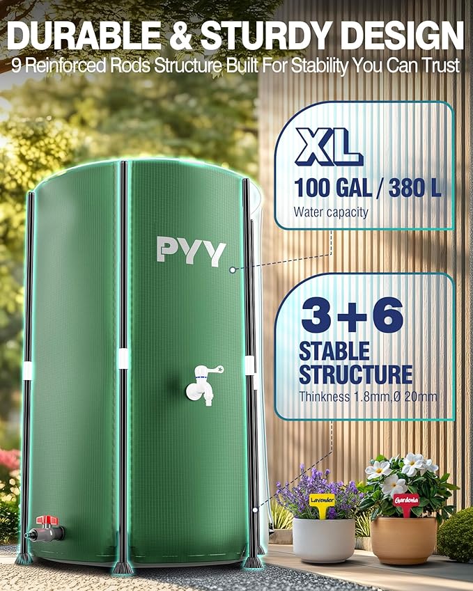 PYY Rain Water Collection Barrel - 100 Gallon Green Water Storage Tank with Spigots, Hose and Portable Bucket, Large Plastic Collapsible Rain Catcher Catchment System to Collect Rainwater from Gutter