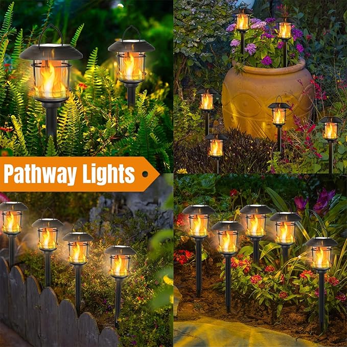 Dynaming 6 Pack Solar Flame Torch Lights Outdoor, Dual Use Flickering Flame Garden Light, Hanging Lantern Lights, Auto On/Off & Waterproof Landscape Lighting for Lawn Patio Yard Walkway Driveway
