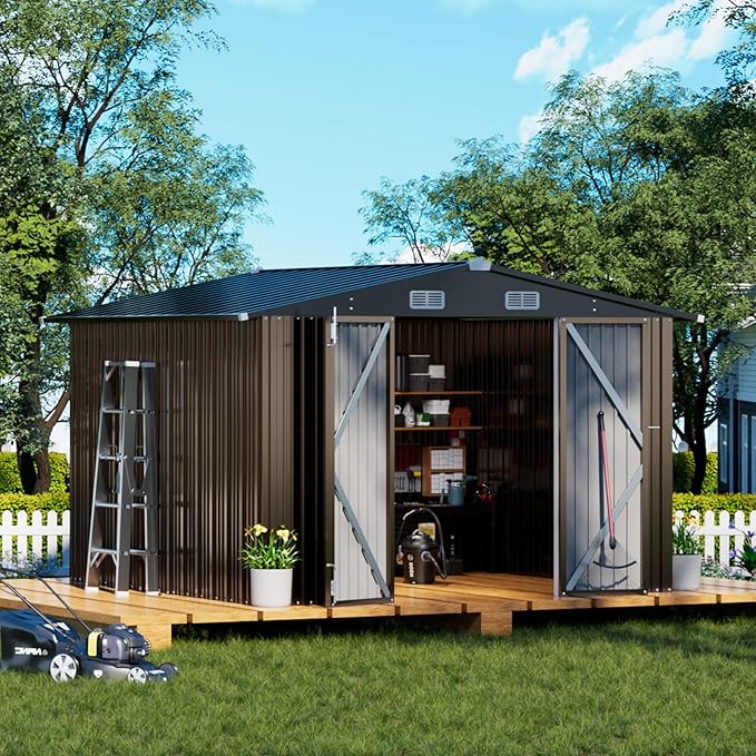 COMHOMA Shed Outdoor Storage Shed Metal,Lockable Doors Tool Sheds with Sloping Roof,Steel Garden Shed with Air Vent for Backyard,Patio,Lawn,Poolside (Brown, 10'*10')