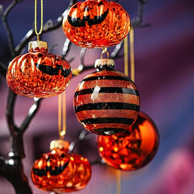 Halloween Tree Ornament Decorations Indoor, 12-Pack Pumpkin Decorative Hanging Ball Ornaments Set for Halloween Christmas Tree, Cute Holiday Party Indoor Home Decor