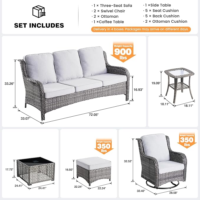 ovios 7 Pieces Patio Furniture Set, Outdoor Wicker Sofa Couch with Swivel Chairs Solar Lights Table, High Back All Weather Modern Conversation Sets, Grey Rattan, Grey