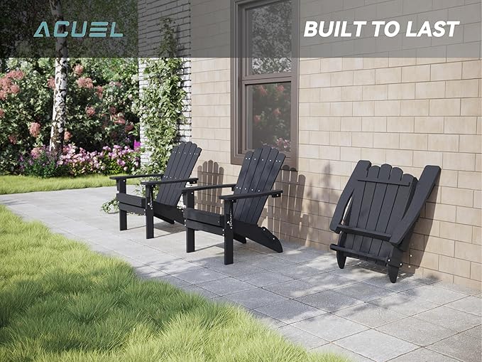 Set of 4 Folding HDPE Adirondack Chairs - Heavy-Duty Weather-Resistant Patio Chairs with Wide Armrests & Ergonomic High Back, Fire Pit Seating for Backyard, Garden, Porch (Black)